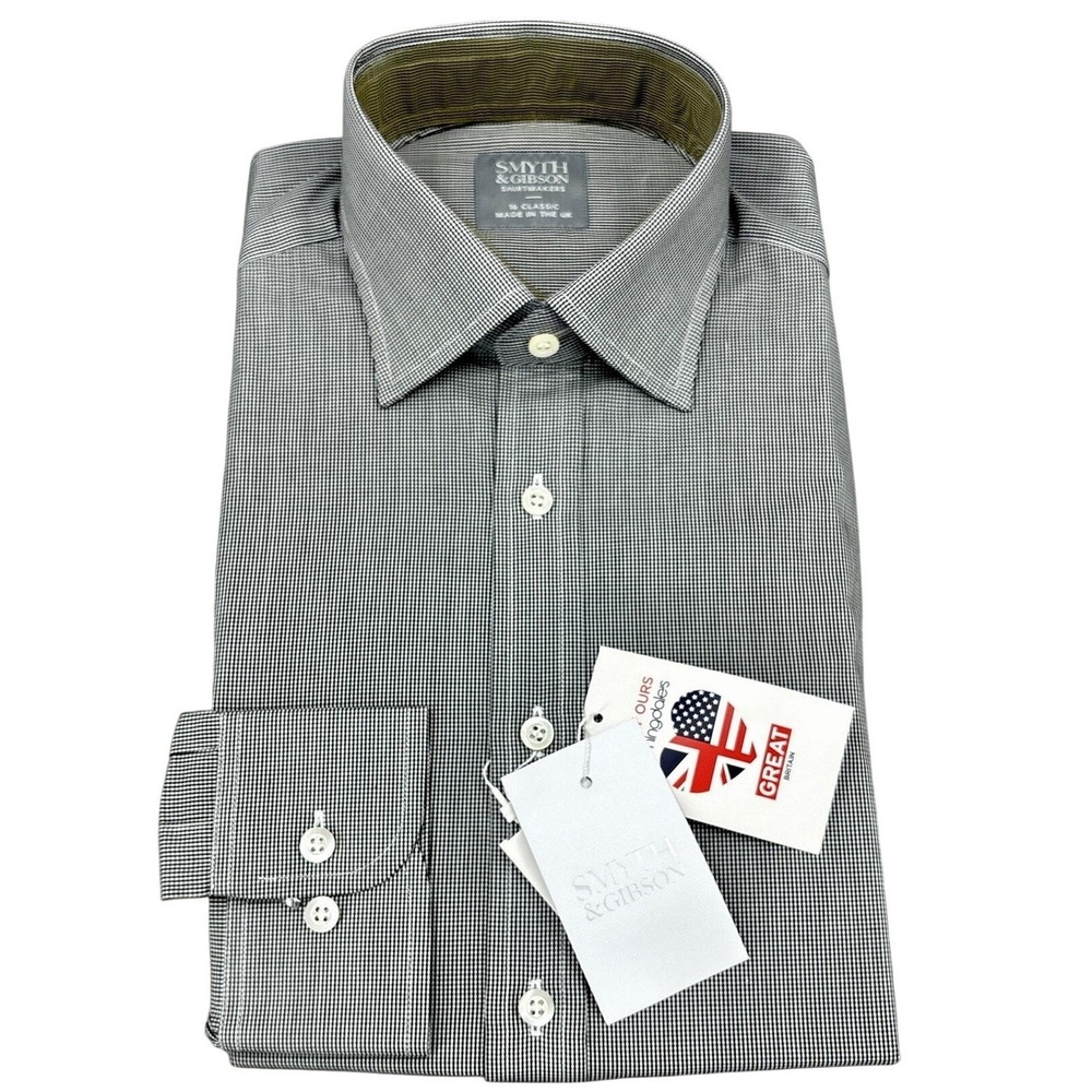 Smyth & Gibson Shirt Mens 16 Black Mini Gingham Check Classic Dress Made UK NWT